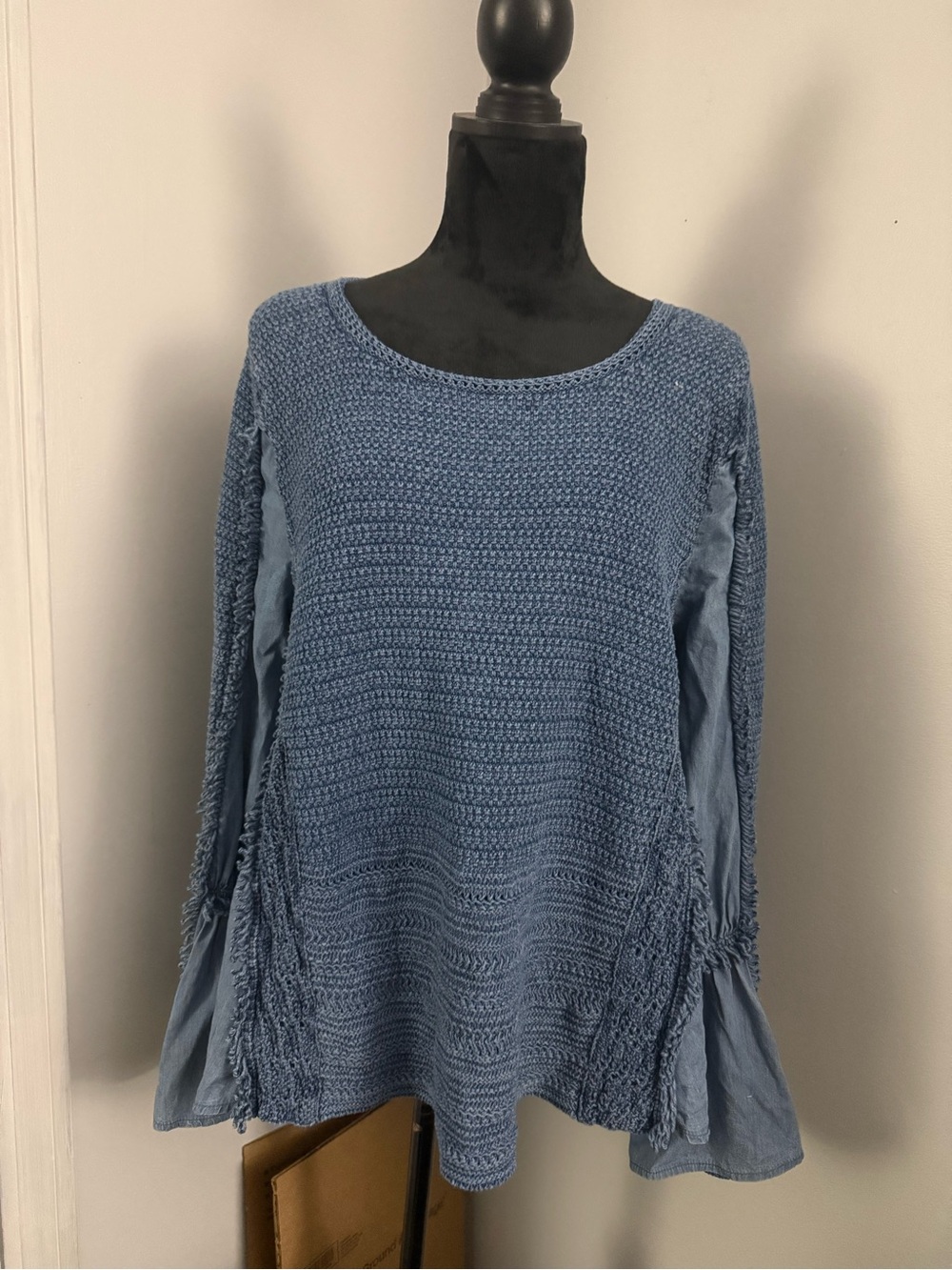 INC International Concepts Blue Knit Crochet Fringe Sleeve Women's Top